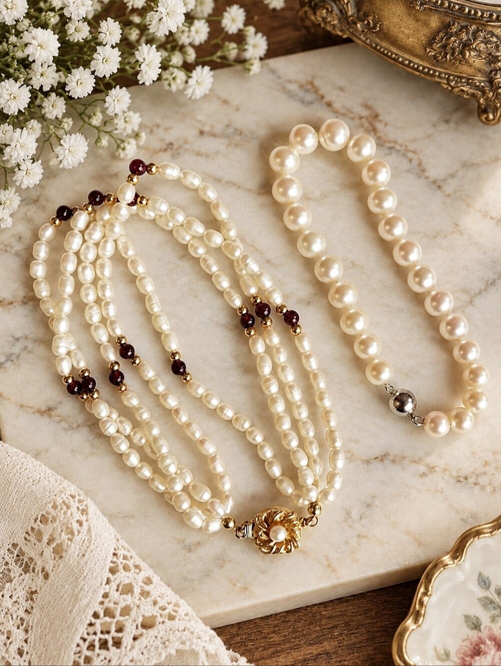 Pair of Gritty Cultered Pearl Bracelets Garnets Gold Tone Fancy Clasp EUC Pearls